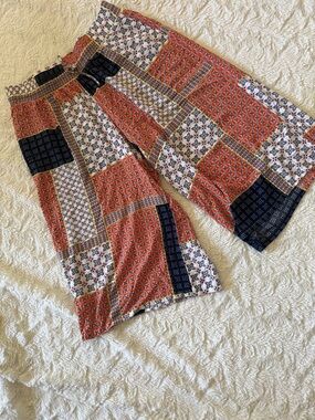 Patchwork Print Wide Leg Pants in Orange and Navy